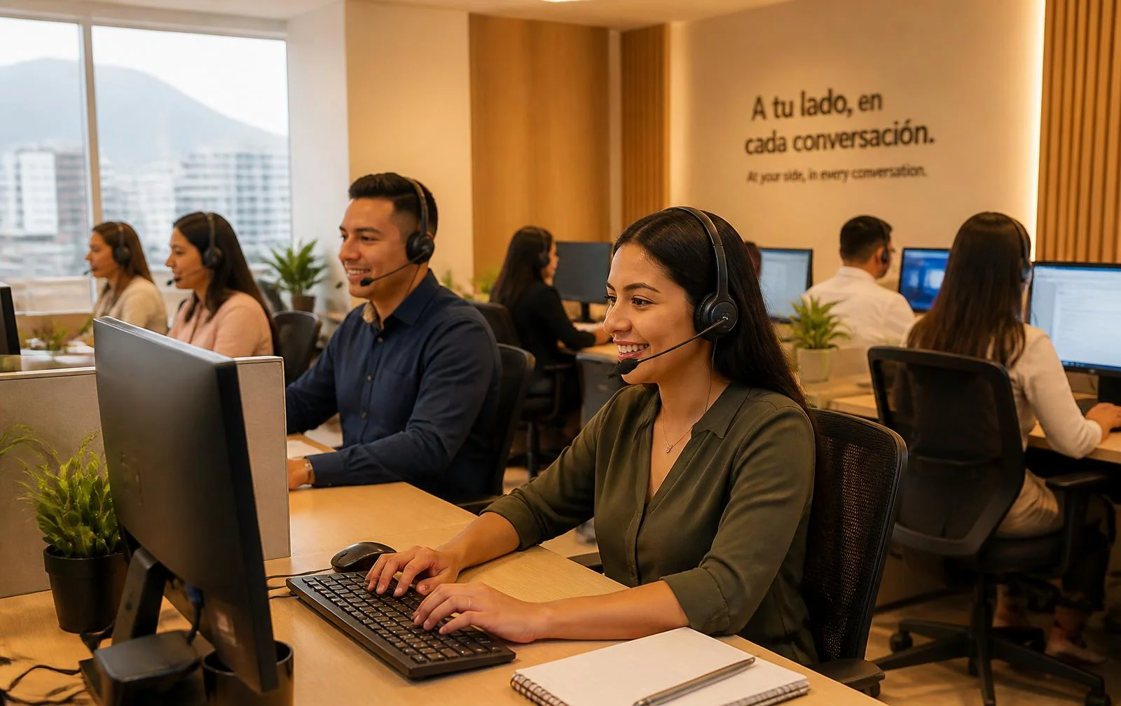 Bilingual customer support team working in a modern nearshore office in Peru